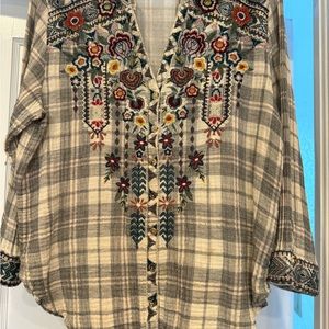 Johnny Was Multicolor Embroidered Plaid Top